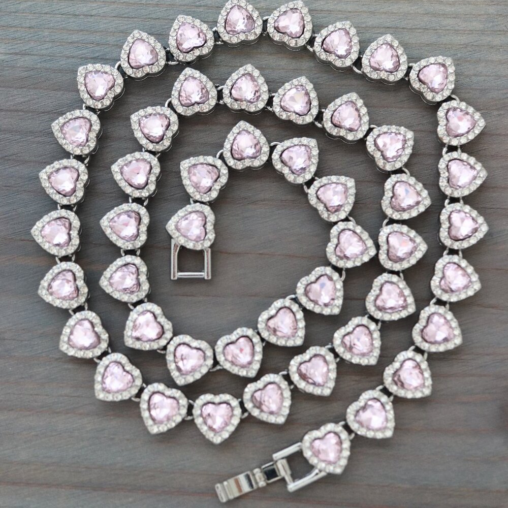Light Pink Heart Diamond Chain Pink/Clear/Silver Plated w Rhinestones Necklace